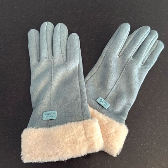 Blue Warm Winter Touchscreen Gloves - Faux Suede & Faux Fur - Picture 1 of 7